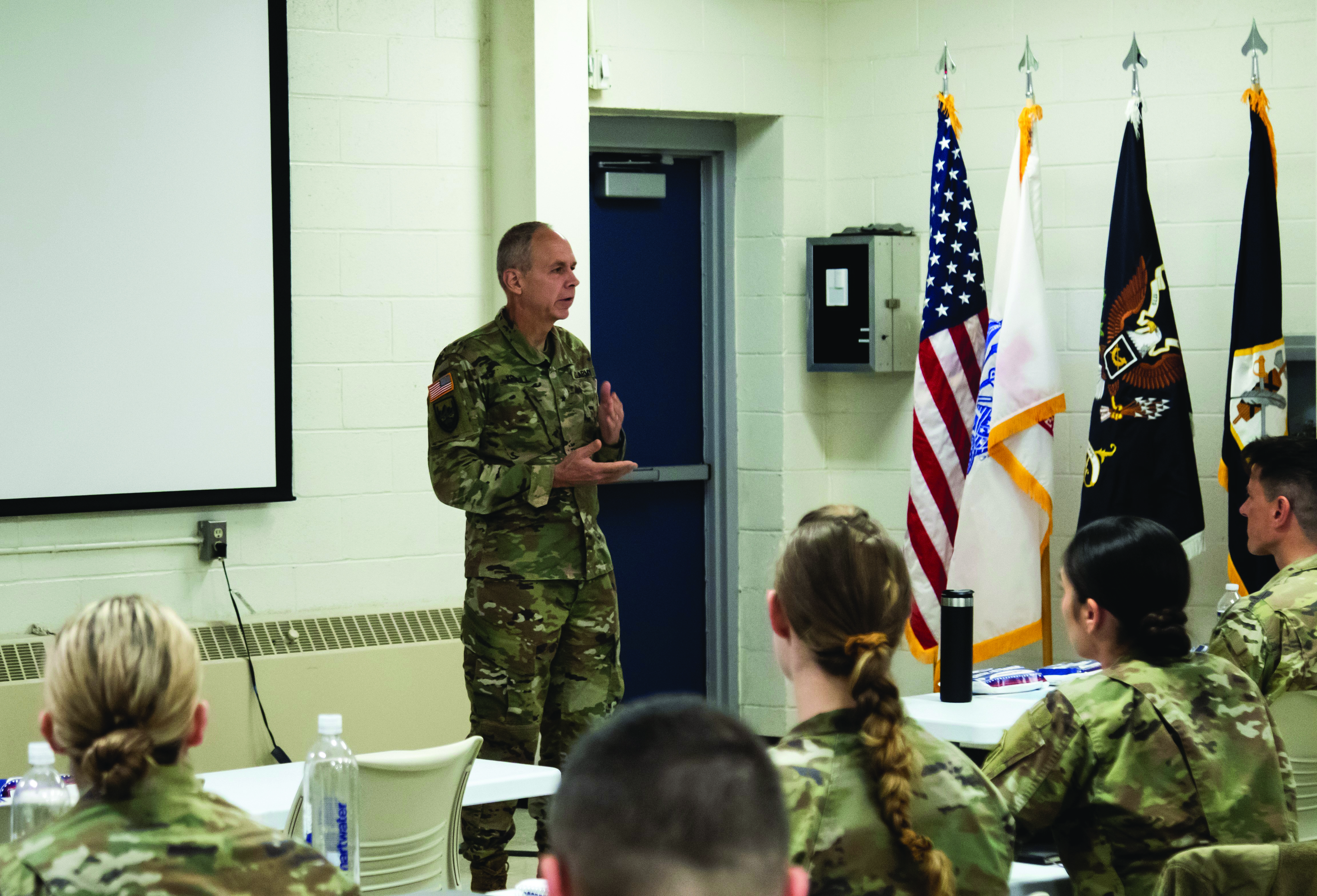 BG Gerald R. Krimbill, Commanding General, U.S. Army Reserve Legal Command (USARLC), addresses special victims’ counsel (SVCs) and SVC paralegals attending the first active/Reserve component integrated SVC Regional Training held 5-7 December 2023 at the USARLC in Gaithersburg, MD. (Credit: 1LT Amber Lamb, USARLC)